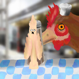 Razuryam's original character hiding from a chicken