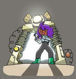 Mia from Lost Nova at a teleporter from Oxygen Not Included